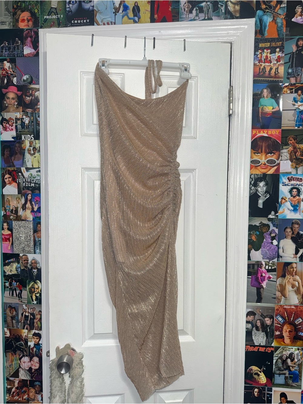 Prettylittlething gold sequin maxi dress with tie back detail. Size: 6